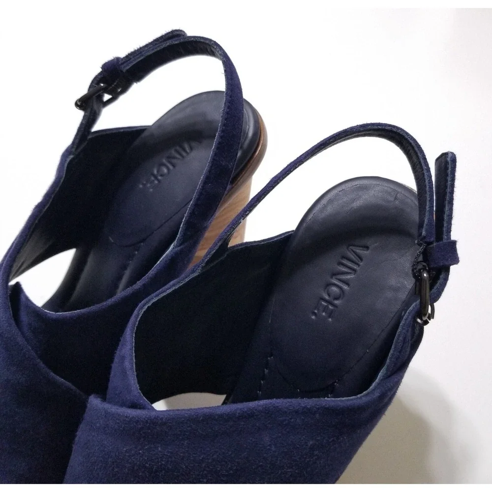 Vince Helena Suede Slingback Wooden Block Heel Sandals Indigo Blue NIB 6.5 7
